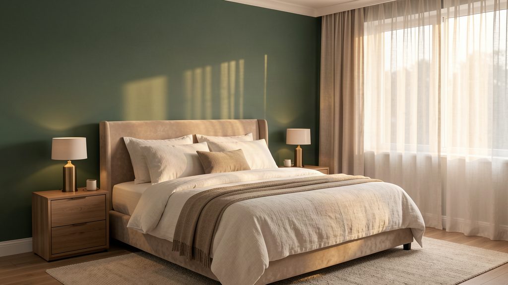 Chambre avec mur d'accent vert sauge et linge de lit naturel