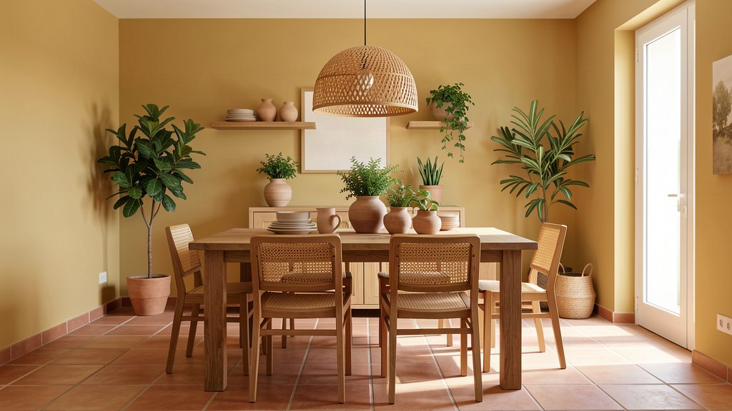 Salle à manger avec murs ocre et table en bois massif