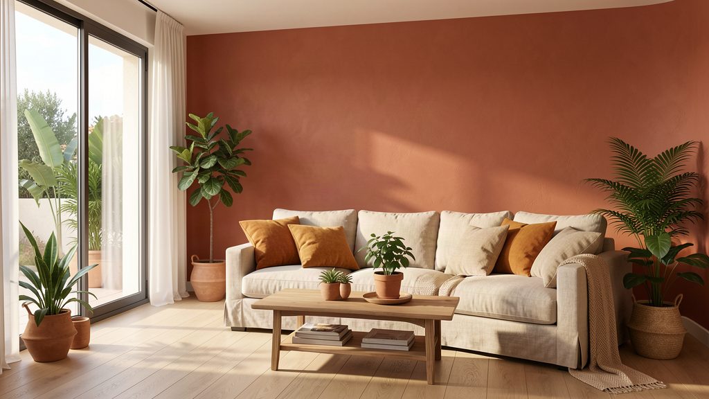 Salon avec mur d'accent terracotta et canapé en lin beige